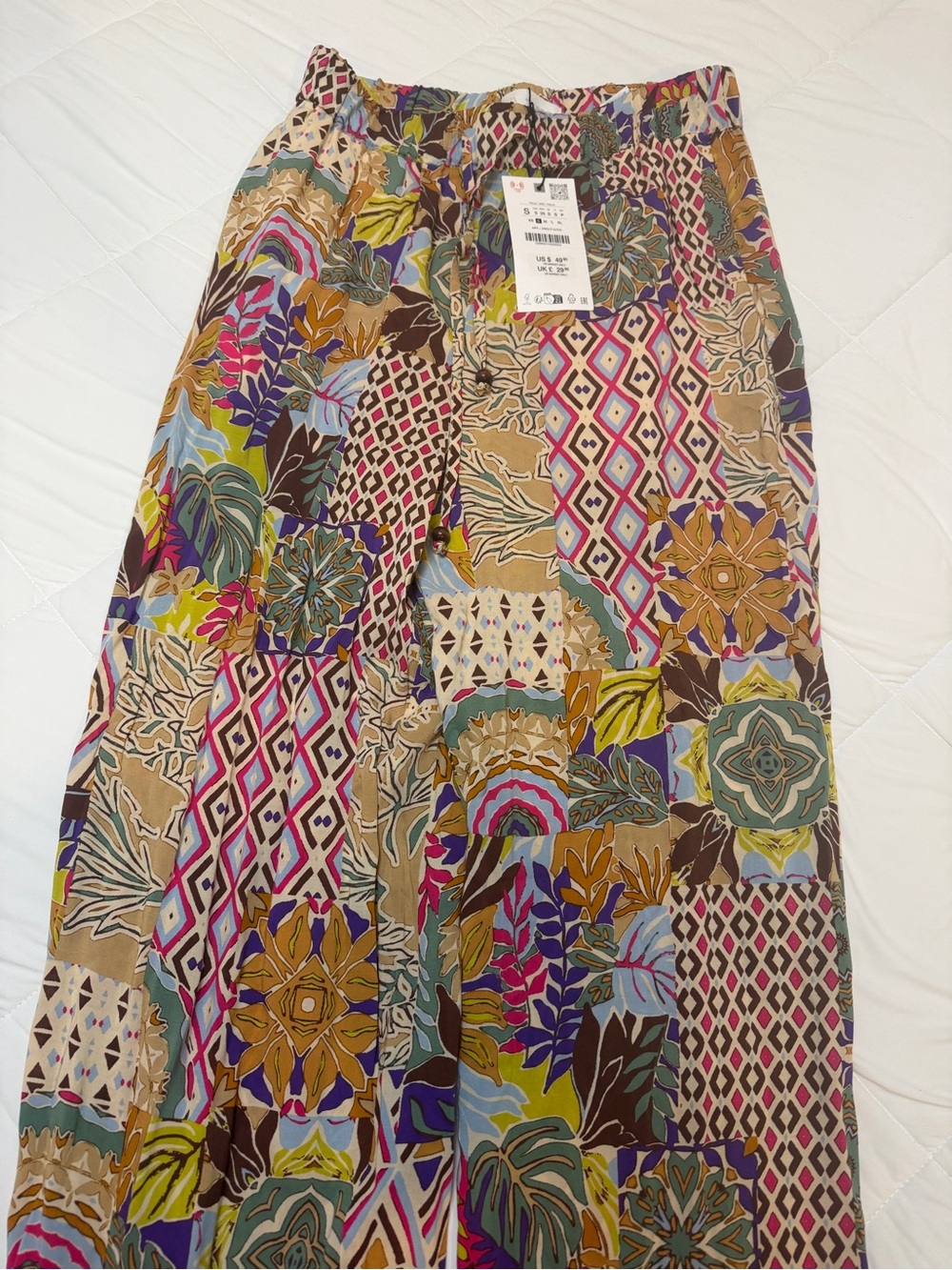 Zara Multicolor Patchwork Wide-Leg Pants - Tan, Pink, Blue, Green